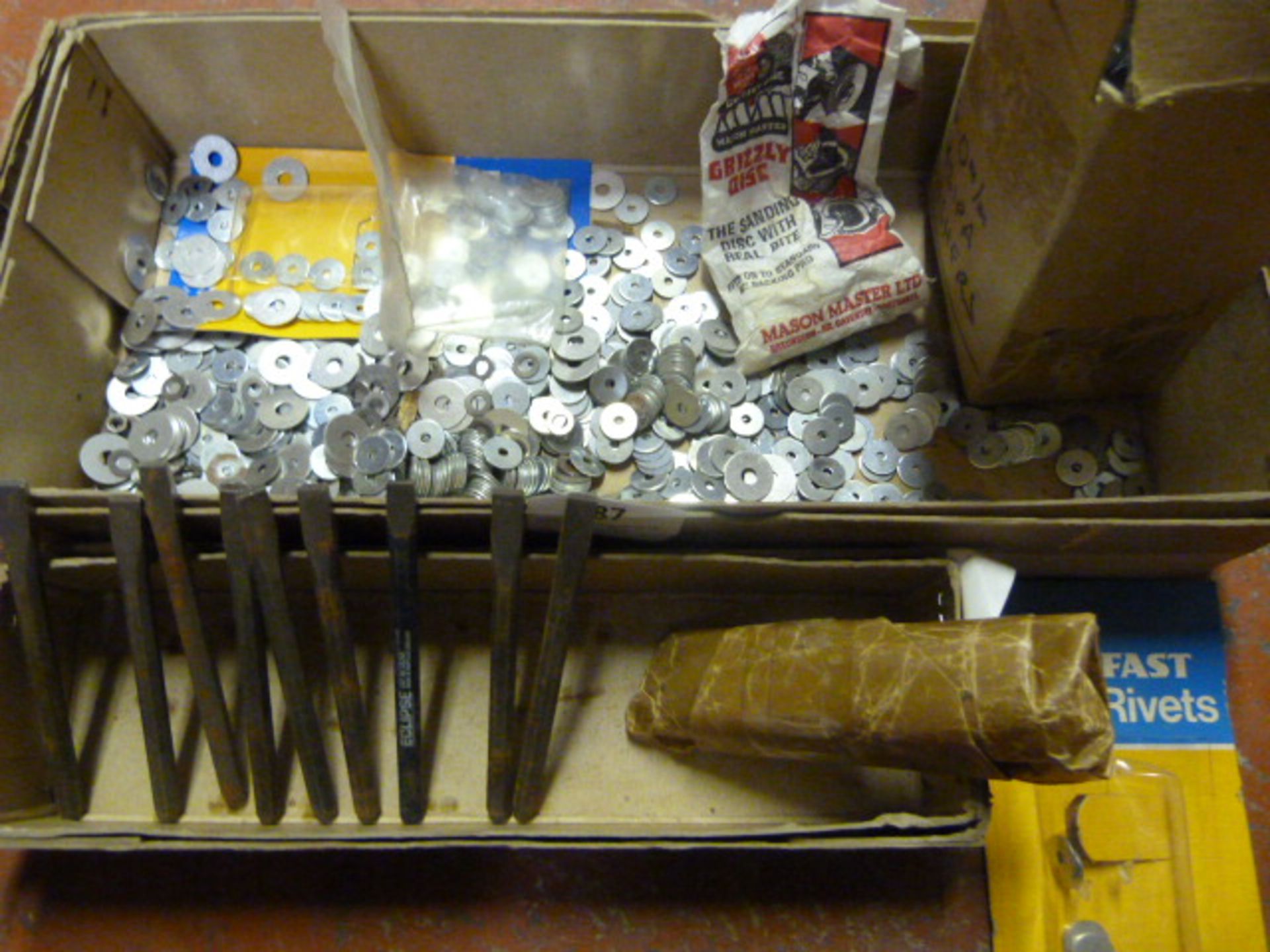 Box of Small Metal Washers, Rivets and Drill Chisels