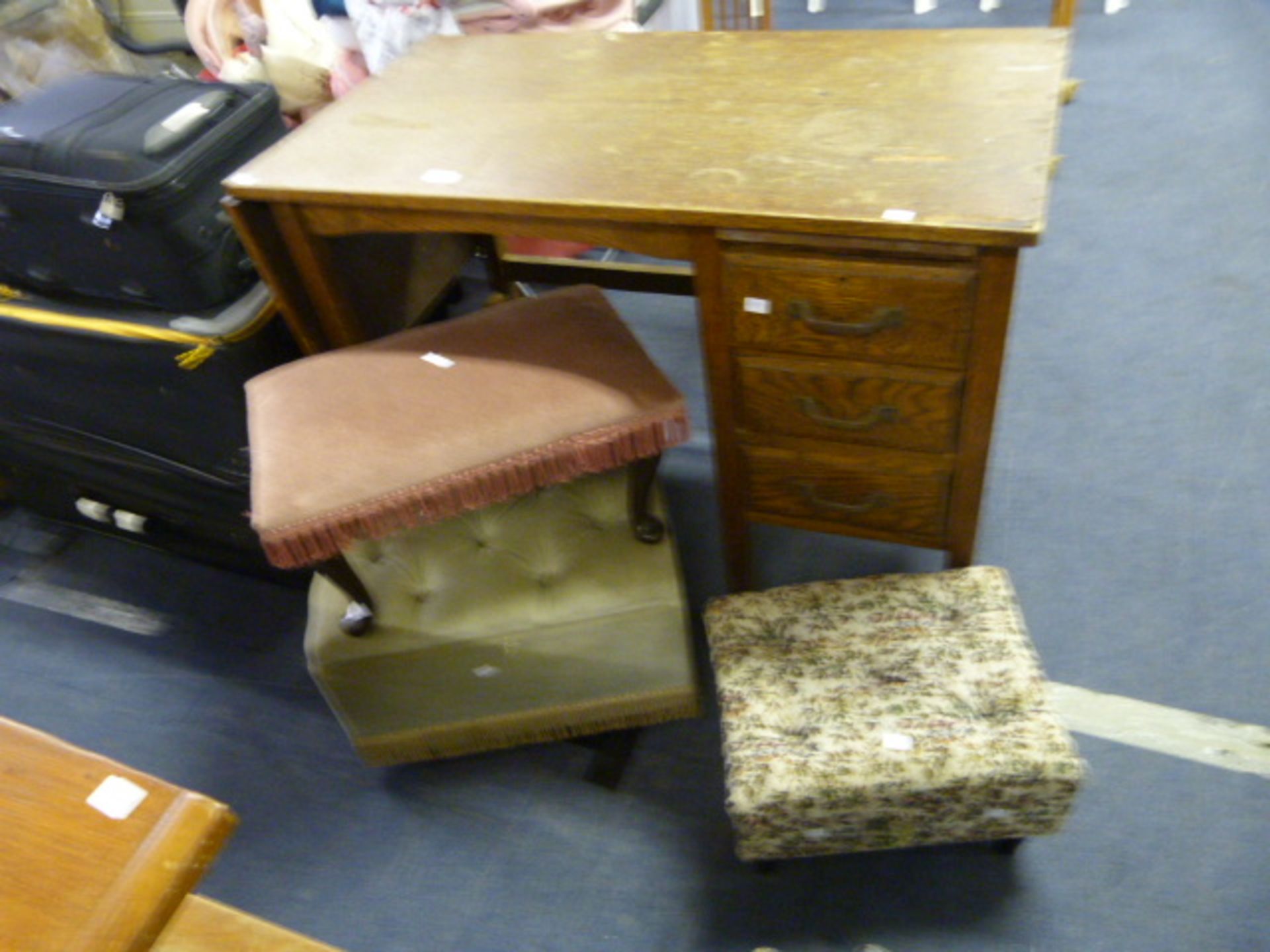 Oak Single Pedestal Desk, Two Stools and a Ottoman