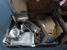 Box Containing Stainless Steel Tea Ware, Hot Plate