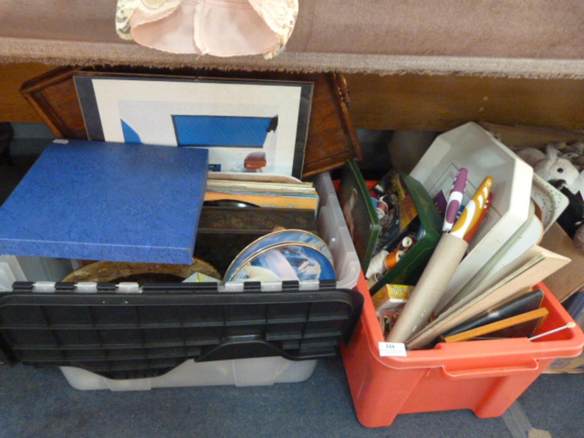 Two Boxes Containing Decorative Plates, Sewing Ite