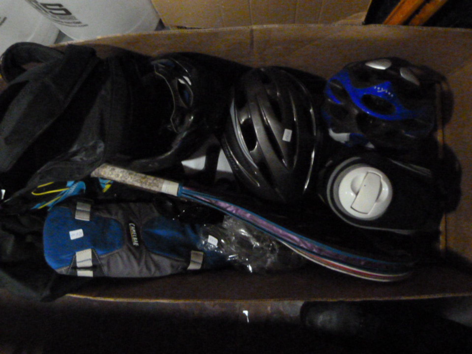 Box of Tennis Rackets, Sports Pads, Cycle Helmets,