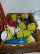 Box Containing Ceramic Lime Green Mugs and Others