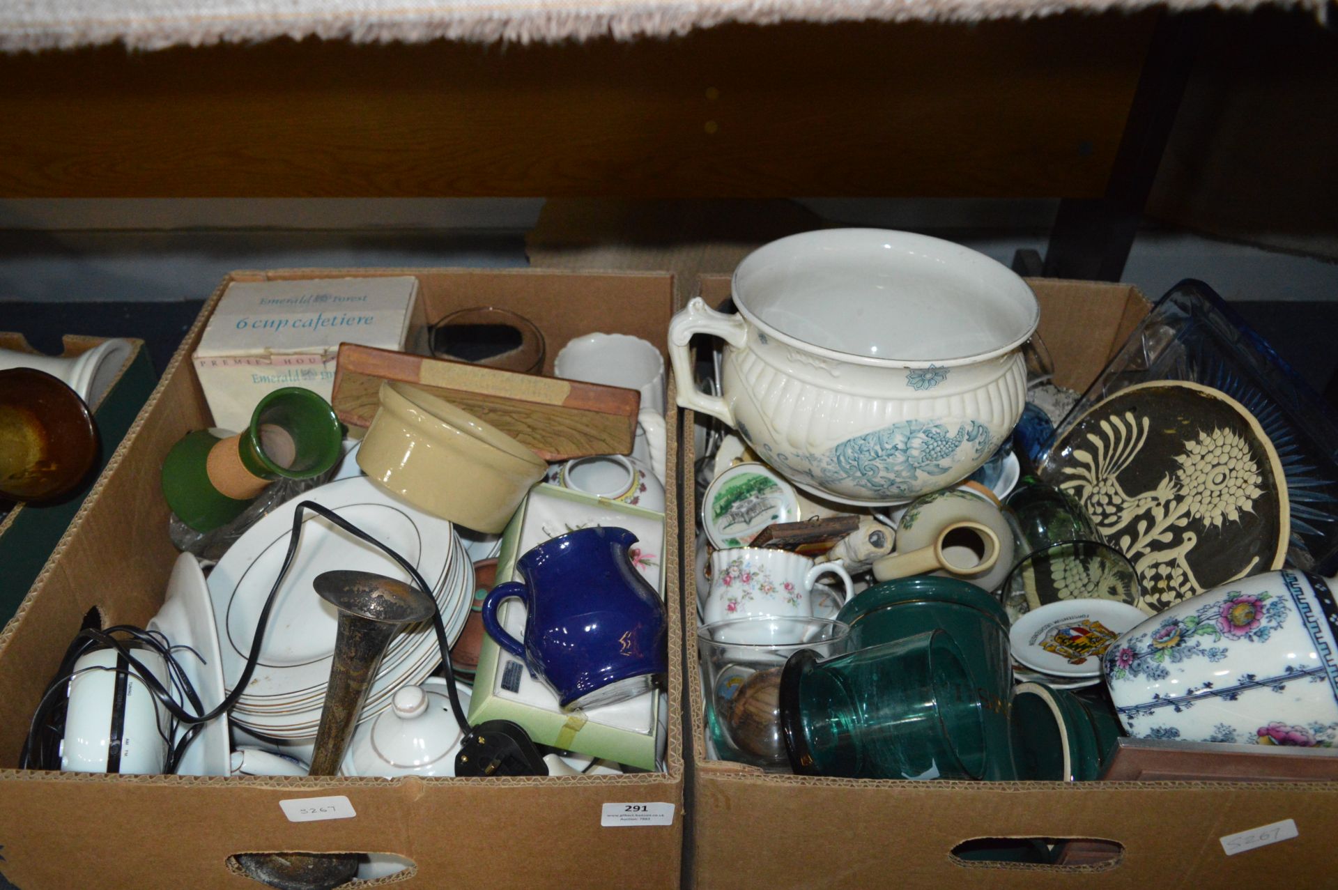Two Boxes Containing Pottery Ornaments, Glassware,