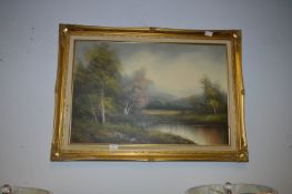 Gilt Framed Oil on Canvas - Country Lake Scene