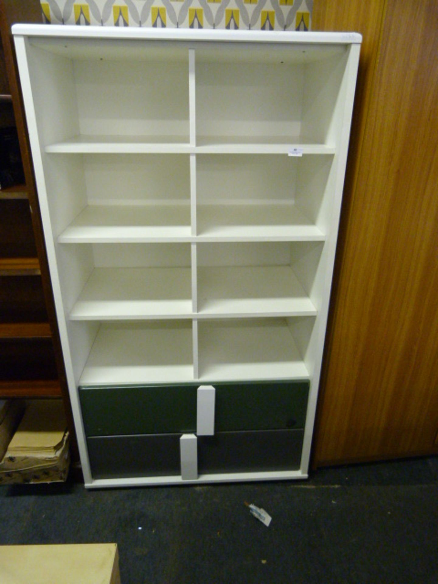 White Open Front Bookcase over Drawers