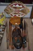 Carved Wood African Spears, Mask, Candle Stand and