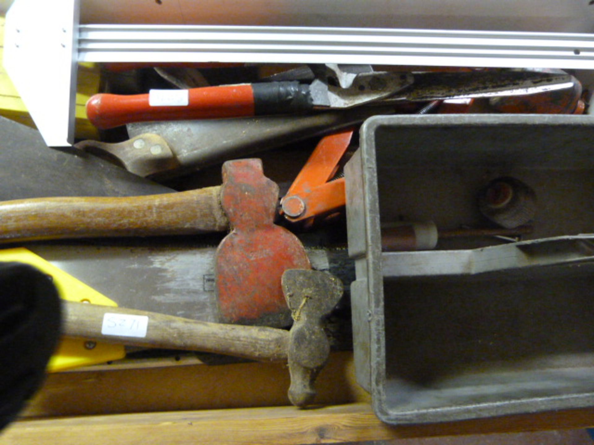 Box Containing Axes, Saws, Jack, Shears, etc.