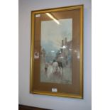 Gilt Framed Watercolour - Village Street Scene Sig