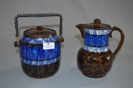 Blue & Brown Stoneware Biscuit Barrel and Coffee P