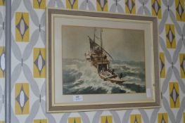Framed Chinese Water Colour - Junk Boat in Rough S