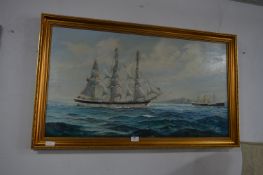 Large Gilt Framed Oil on Canvas - Sailing Ship and
