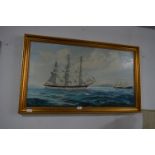 Large Gilt Framed Oil on Canvas - Sailing Ship and