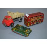 Tin Plate Double Decker Bus, Tank and Plastic Tipp