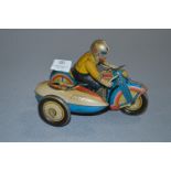 Tin Plate Lithograph Windup Motorcycle Sidecar