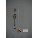 Enameled Silver Teaspoon, Brooch and Necklace