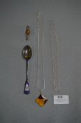 Enameled Silver Teaspoon, Brooch and Necklace