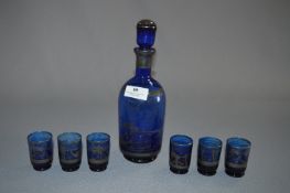 Blue Glass Decanter and Six Glasses with Silver De
