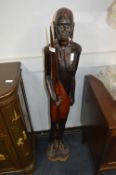 African Carved Wood 4ft Figurine - Masai Warrior