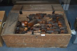 Oak Carpenters Box and Contents of Molding Planes