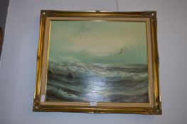 Gilt Framed Oil on Canvas - Coastal Scene Signed R