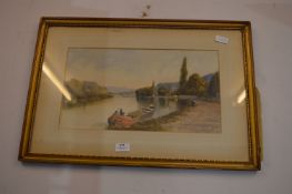 Gilt Framed Watercolour - River Boat Scene, (Indis