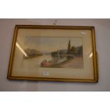 Gilt Framed Watercolour - River Boat Scene, (Indis