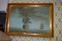 Gilt Framed Oil on Canvas - Dutch Sailing Ships Si