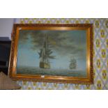 Gilt Framed Oil on Canvas - Dutch Sailing Ships Si