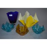Five Coloured Glass Handkerchief Vases