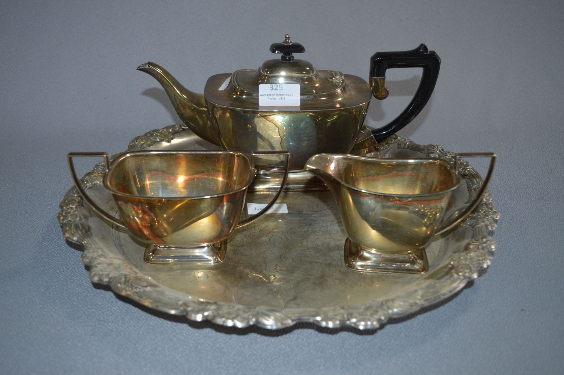 Three Piece Silver Plated Tea Set and a Tray