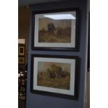 Pair of Oak Framed Coloured Prints - Coaching Scen