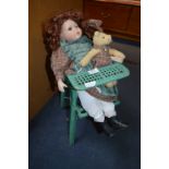 Wicker Dolls Highchair with Pot Doll and teddy