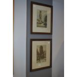 Pair of Oak Framed Coloured Prints - Antwerp and B