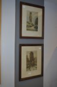 Pair of Oak Framed Coloured Prints - Antwerp and B