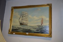 Gilt Framed Oil on Canvas - Sailing Ship at Sea by