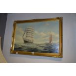 Gilt Framed Oil on Canvas - Sailing Ship at Sea by