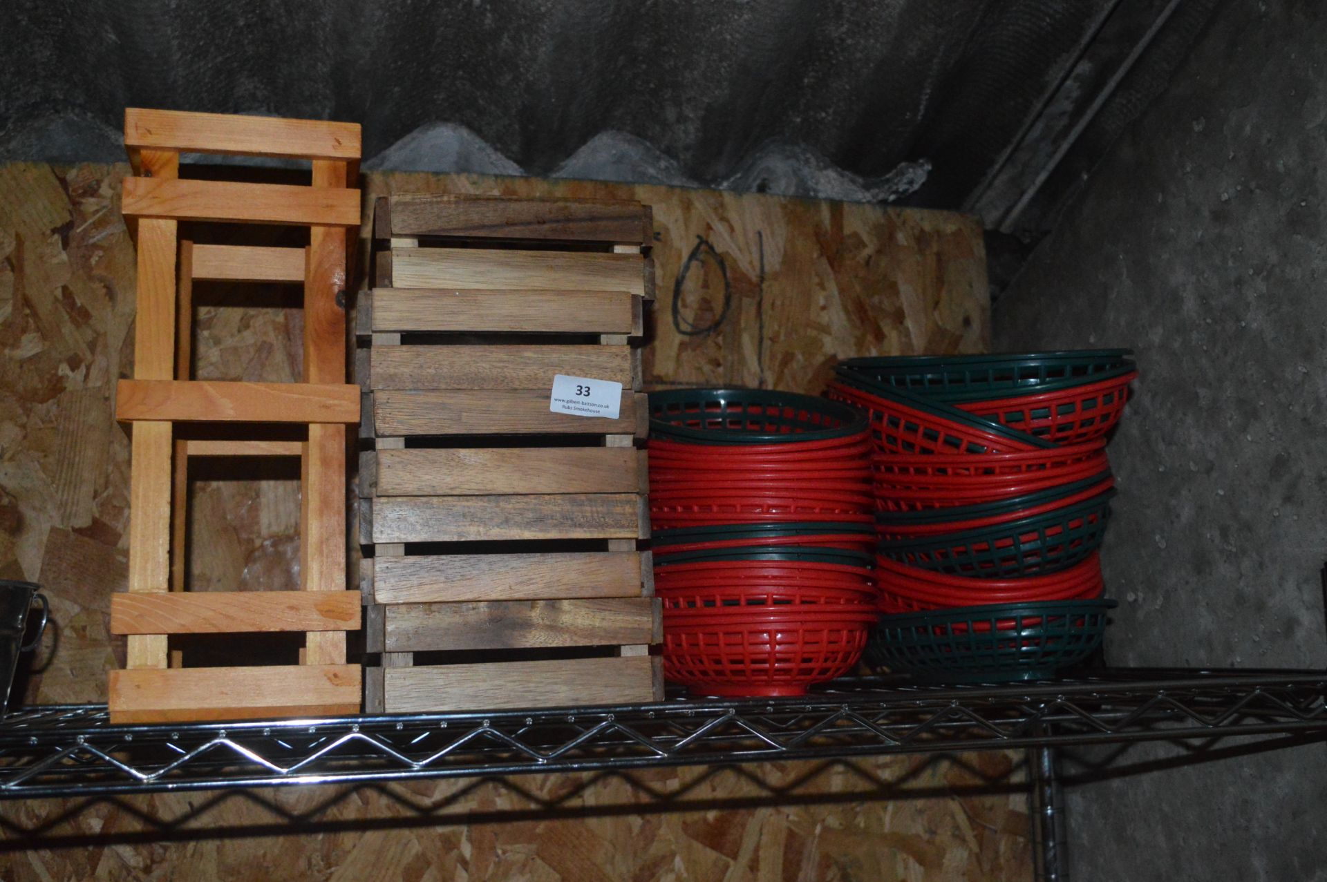 *Thirty Five Plastic Chicken Baskets, Wood Trays,