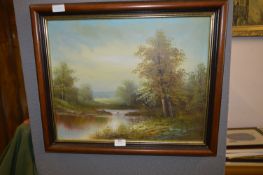 Framed Oil on Canvas - Country River Scene Signed