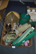 Box of Decorative Ornaments, Glassware, Table Lamp