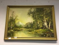 Gilt Framed Oil on Canvas - Mountain Lake Scene