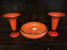Orange Glass Fruit Bowl and Vase Set