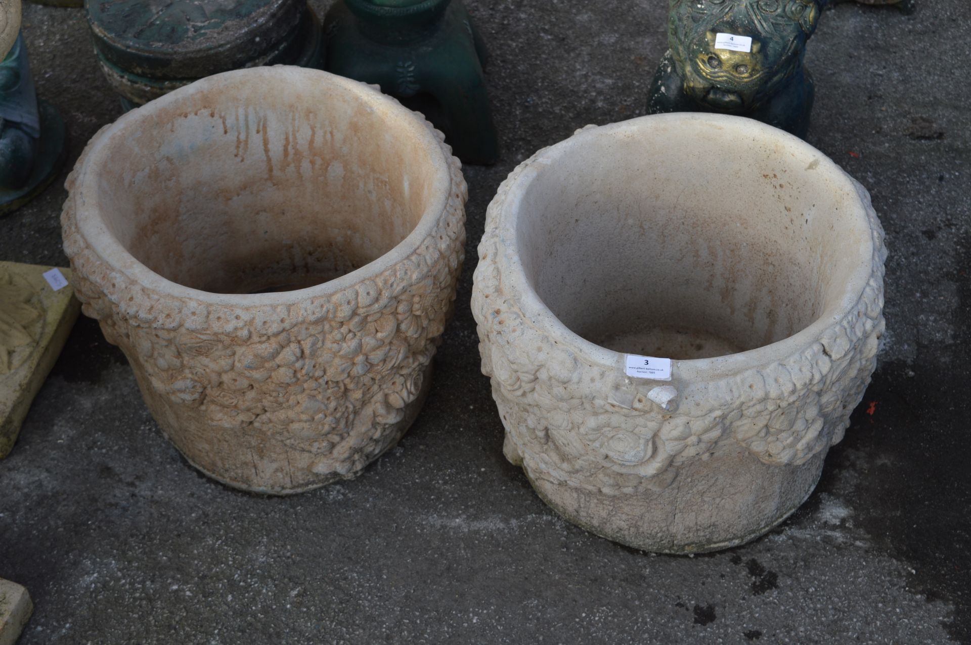 Pair of Reconstituted Limestone Planters with Flor