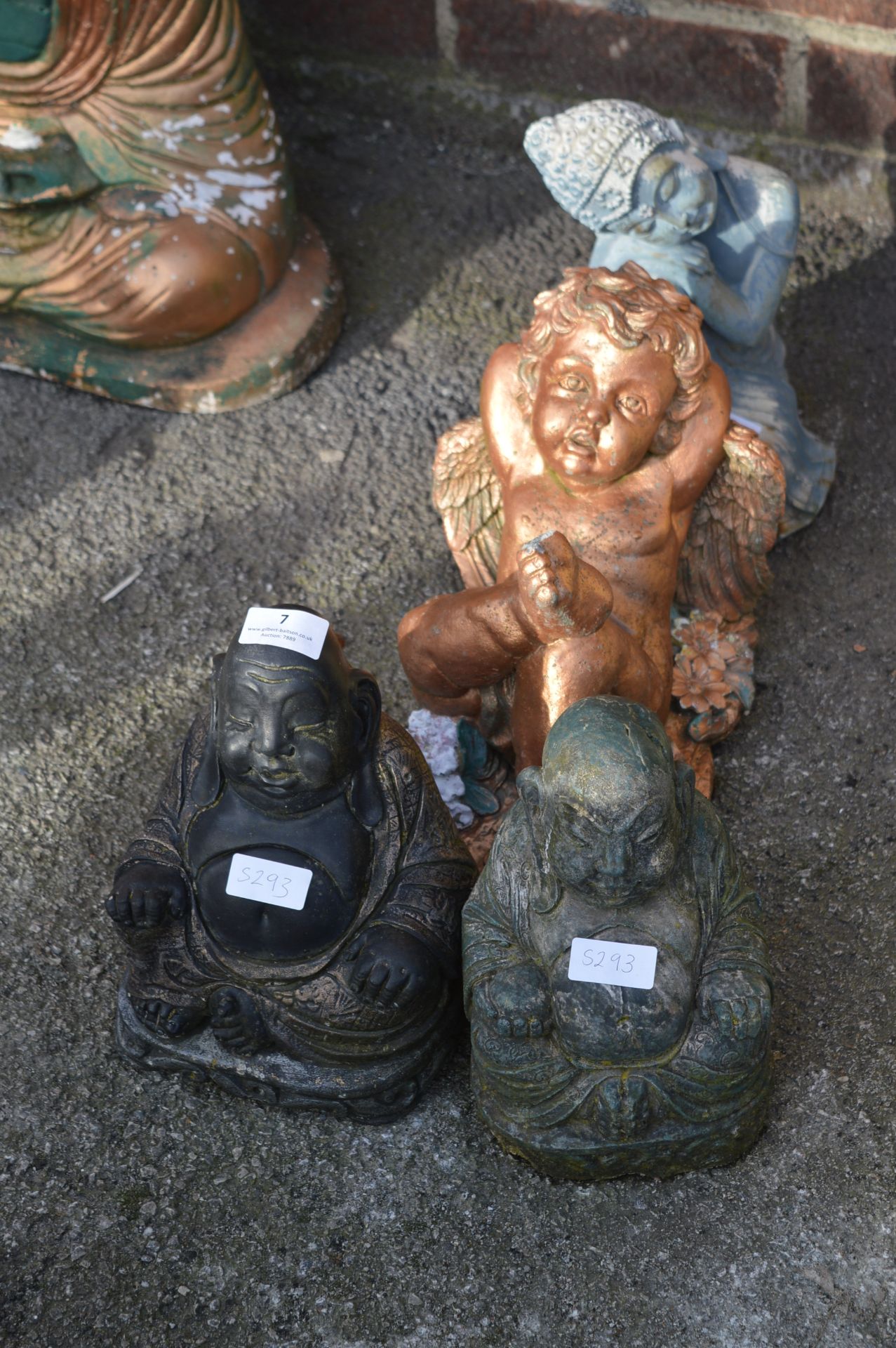 Four Concrete Garden Ornaments - Buddhas and a Che