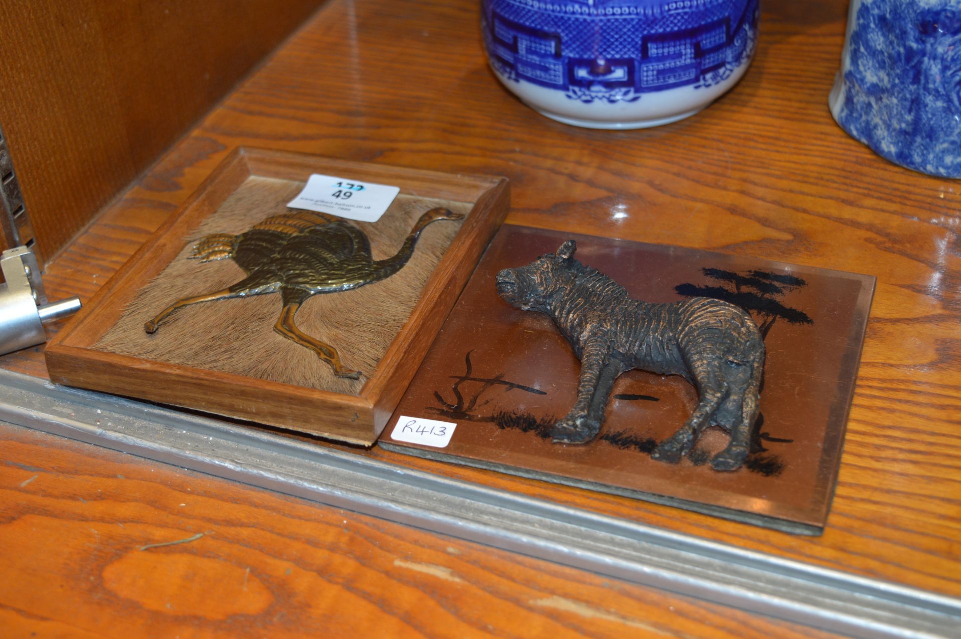 Pair of Embossed Copper Picture - Ostrich and Zebr