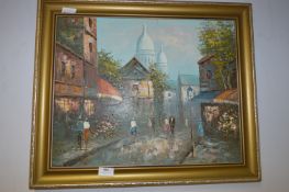 Gilt Framed Oil on Canvas - Continental Street Sce