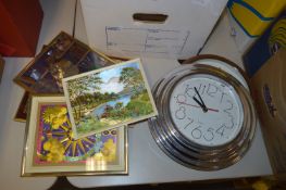 Two Quartz Wall Clocks, Prints and Two Small Mirro