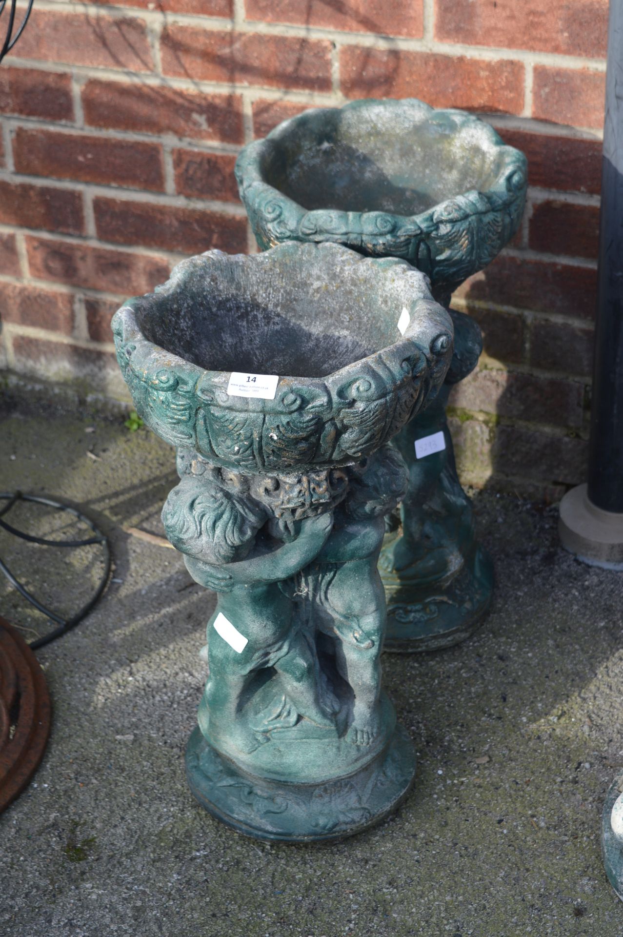 Pair of Concrete Birdbaths with Cherubs