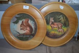 Pair of Circular Wood Framed Wall Plaques - Squir