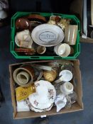 Two Boxes of Stoneware Dinner Plates, Oven Dishes, Glassware, Fruit Bowls, etc.