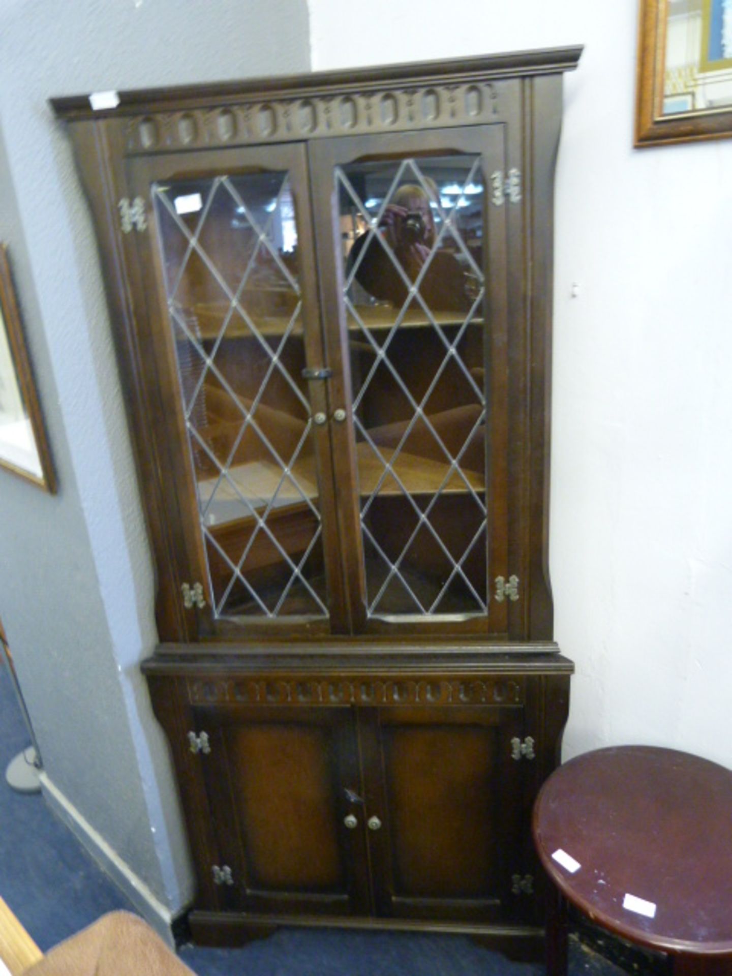 Dark Wood Corner Unit with Lead Glazed Doors